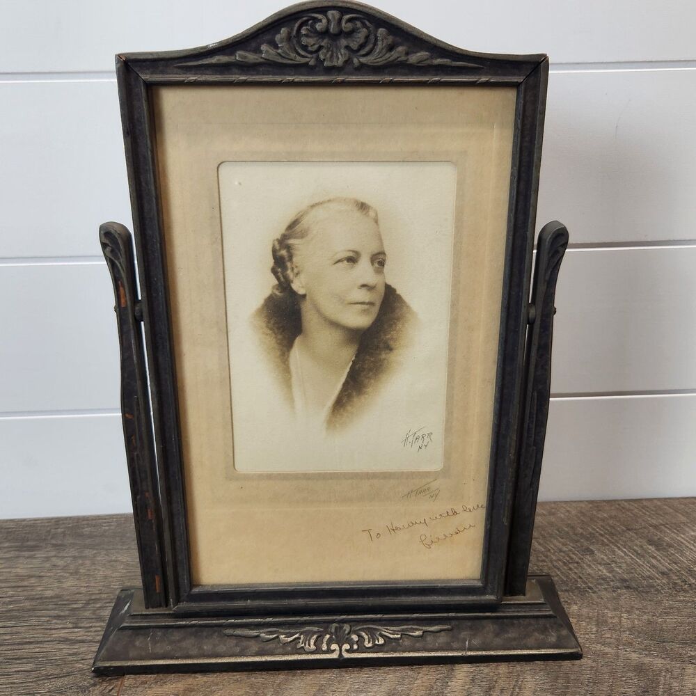 Antique Art Deco Wood Tabletop Swivel Swing Tilt Picture Frame with Photo Signed